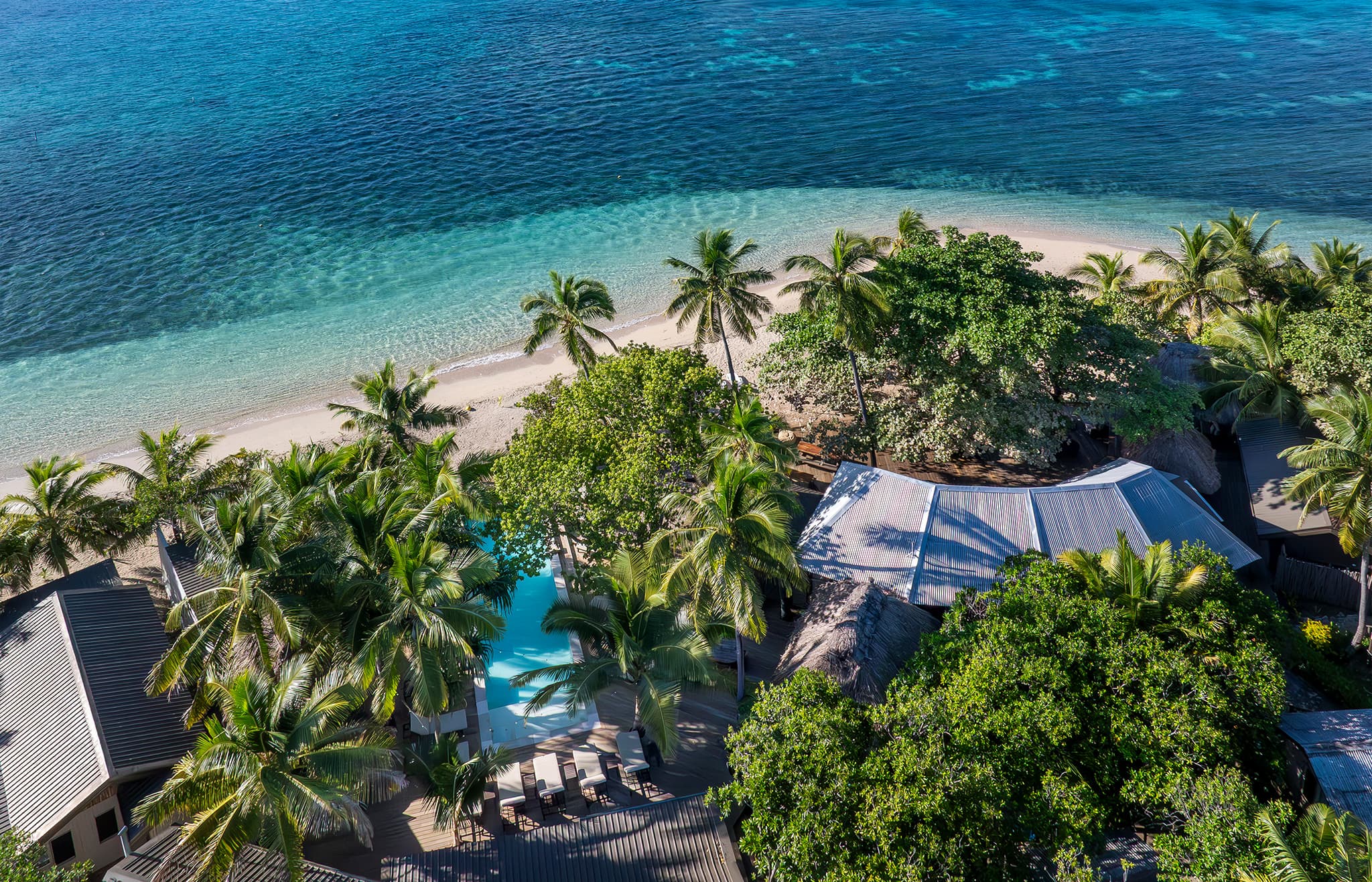Mantaray Island Resort aerial — pool and communal bure